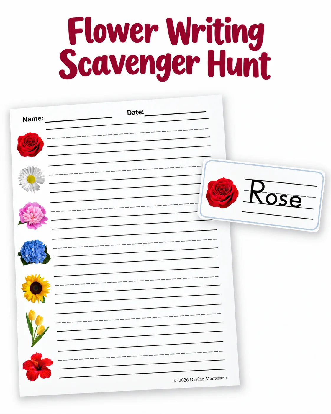 Product preview of the Flower Writing Scavenger Hunt printable featuring a handwriting recording sheet with flower images along the left side and a matching flower word card showing a red rose labeled “Rose.”