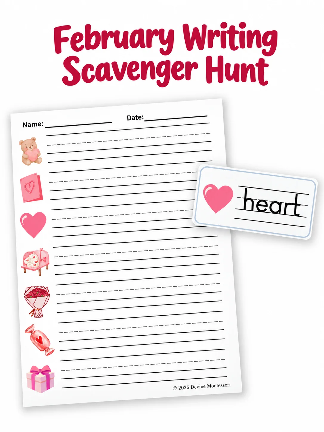 The activity includes handwriting recording sheets and matching picture-word cards designed for preschool, kindergarten, and early elementary learners.