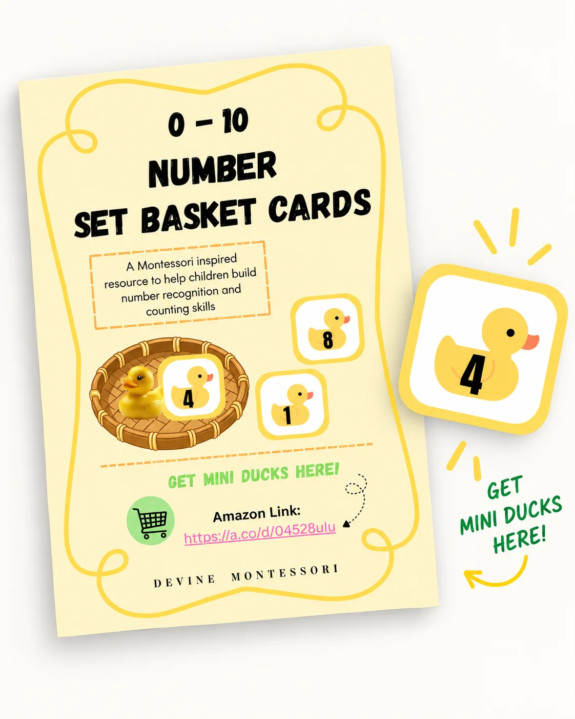 The printable includes individual number cards designed to be paired with mini duck manipulatives for hands-on counting, number recognition, and set-building activities.