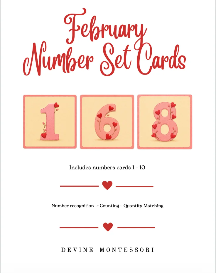 February Number Set Cards printable featuring numbers 1–10 in soft pink with red heart and delicate floral details.
