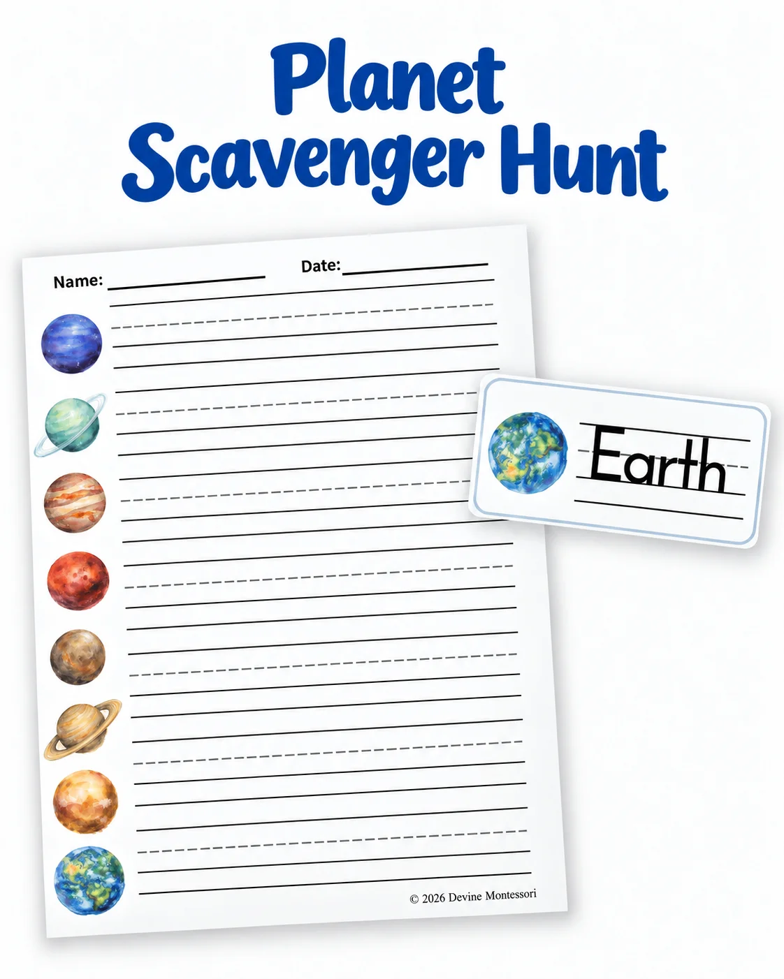 The activity includes all eight planets, primary handwriting lines, pre-labeled cards, blank cards, and recording sheets.