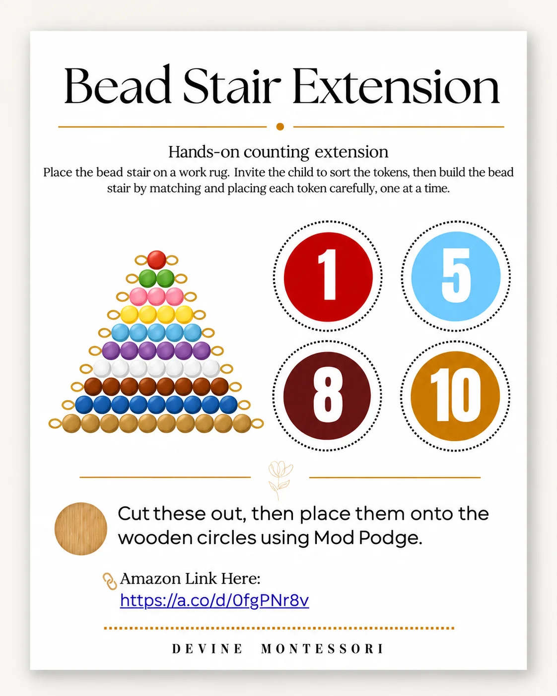 Montessori Bead Stair Extension printable featuring the traditional colored bead stair alongside circular number tokens from 1–10.