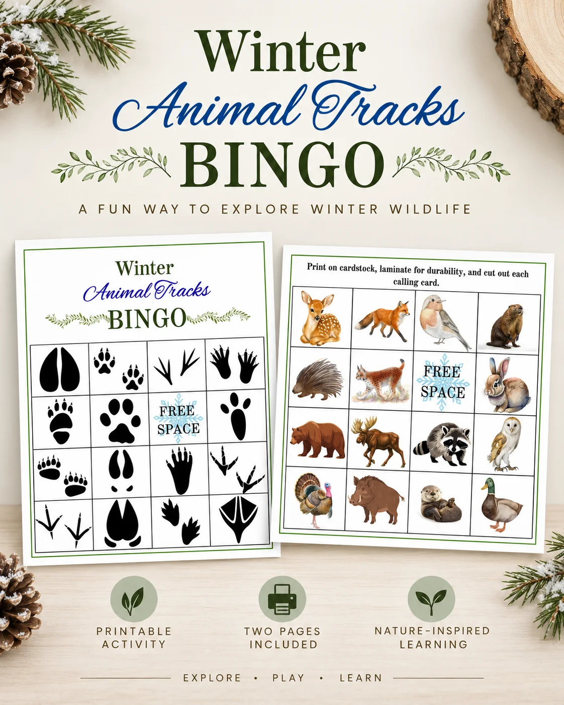 he set includes illustrated animal calling cards and a labeled control chart with animals such as deer, fox, rabbit, bear, moose, raccoon, owl, otter, duck, and more.
