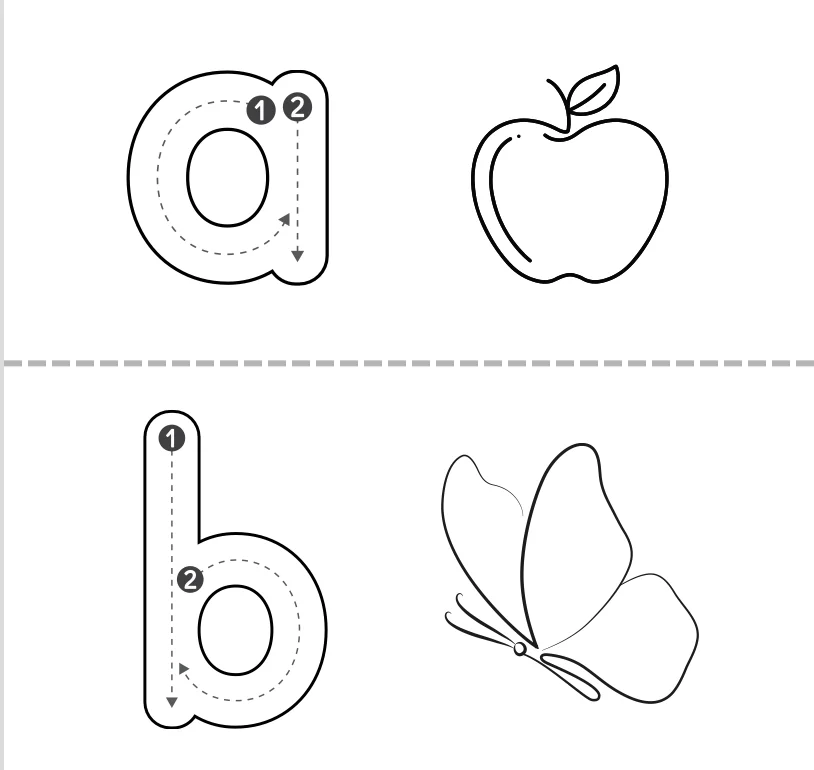 Black-and-white alphabet tracing printable featuring lowercase letters with dotted tracing paths, numbered stroke-order guides, and directional arrows. Each letter is paired with a simple line-art picture for beginning-sound practice, and the illustrations can also be colored by the child.