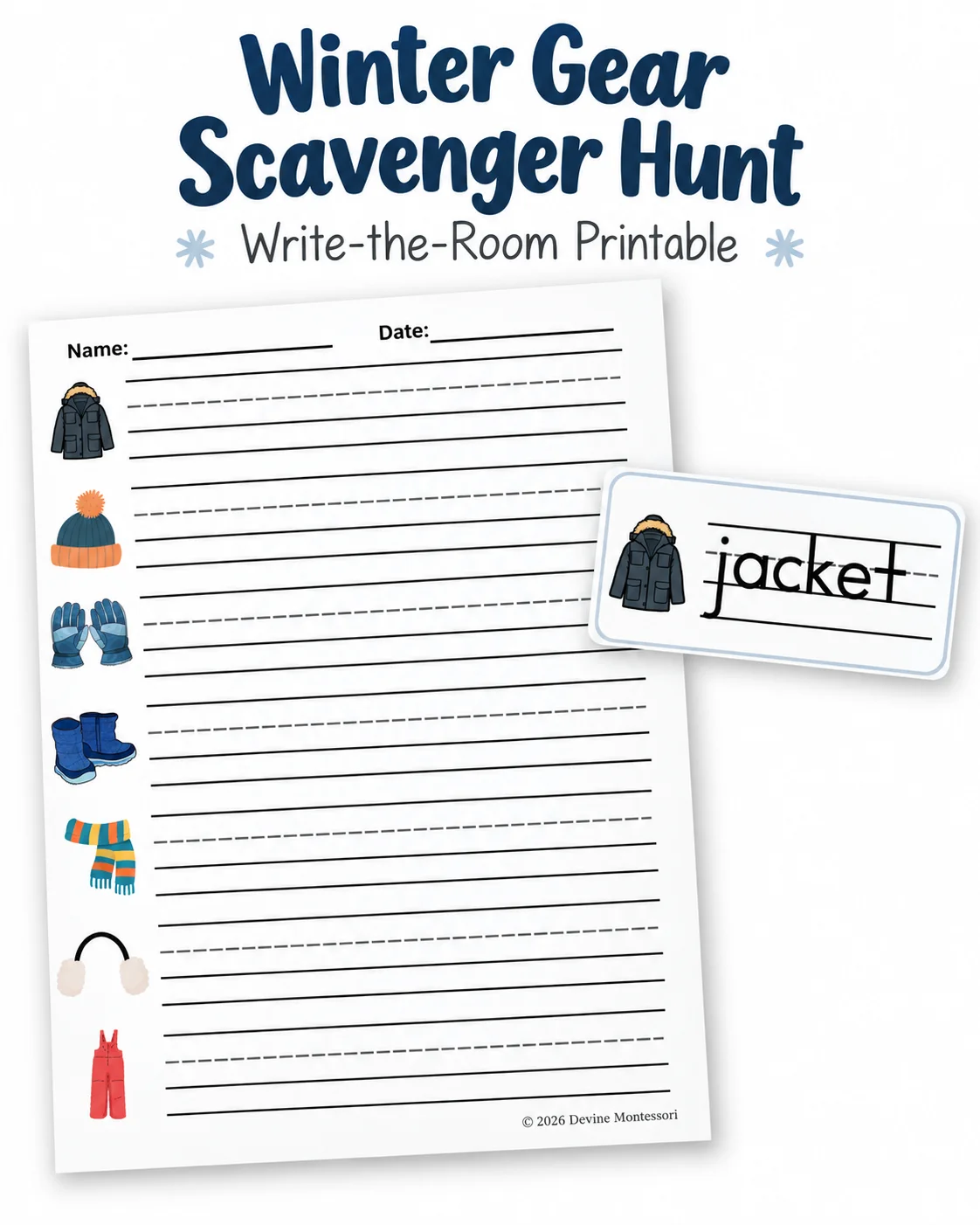 Includes jacket, hat, gloves, boots, scarf, earmuffs, and snowsuit cards in both labeled and blank versions for classroom use.