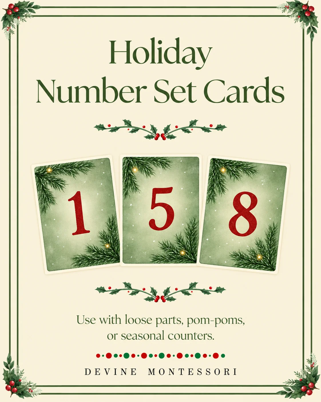 Holiday Number Set Cards printable featuring large red numerals on muted green cards decorated with pine branches and soft holiday accents.